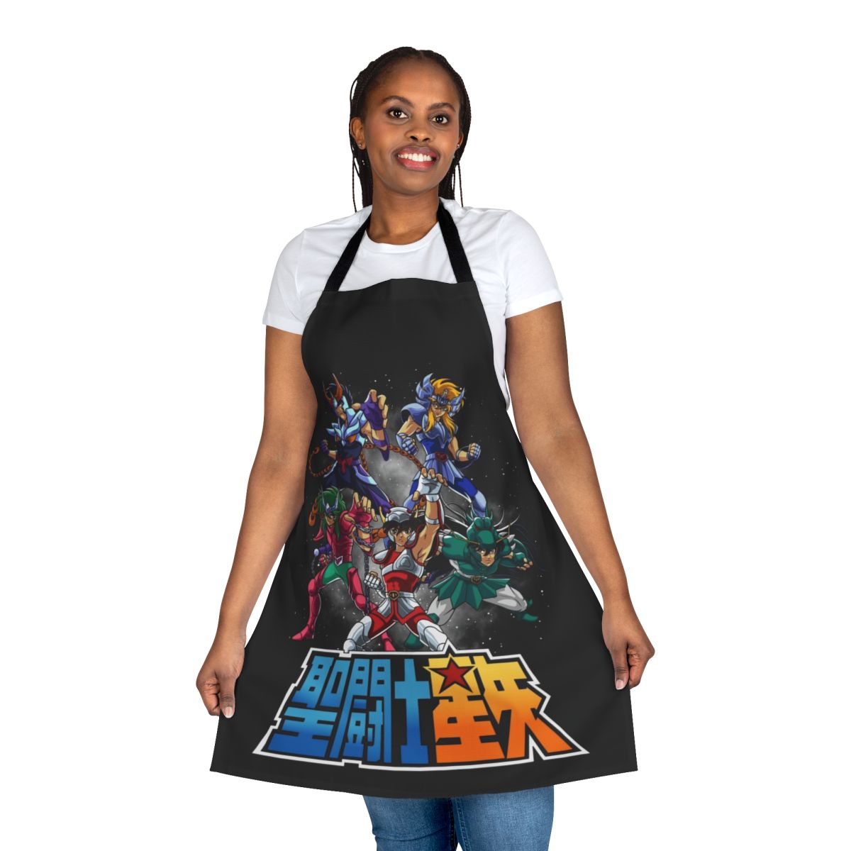 A stylized apron featuring characters from the classic anime series "Saint Seiya"