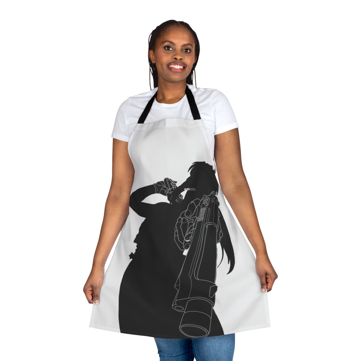 Anime-inspired black and white silhouette apron featuring the character Revy from the series Black Lagoon