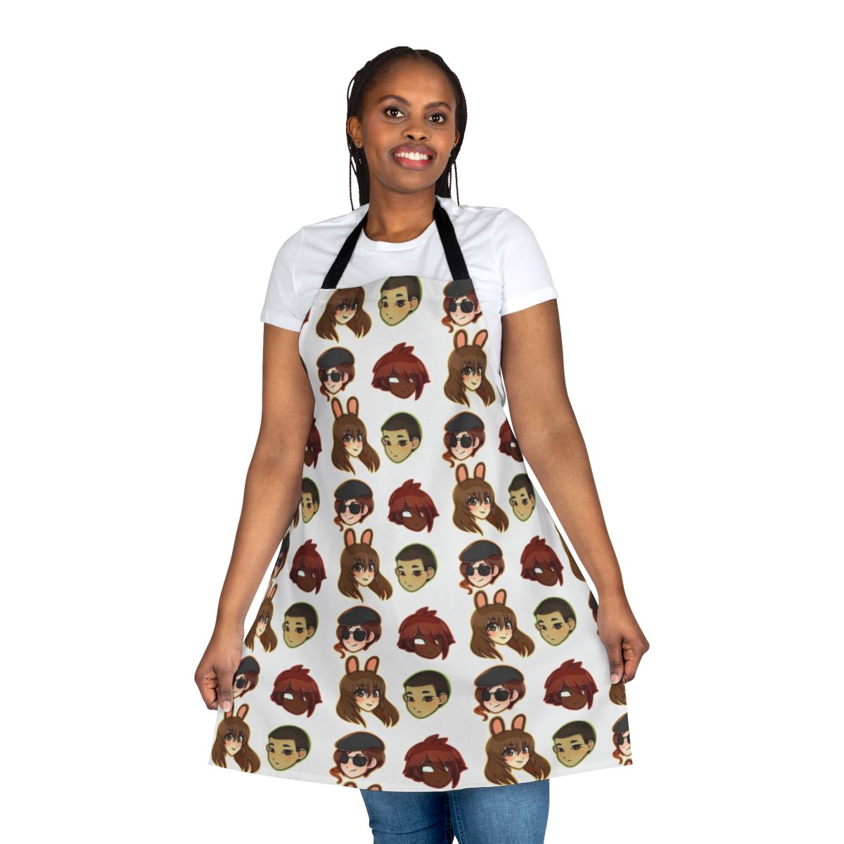 Anime-style RWBY Team CFVY apron with characters Velvet, Coco, Fox, and Yatsuhashi