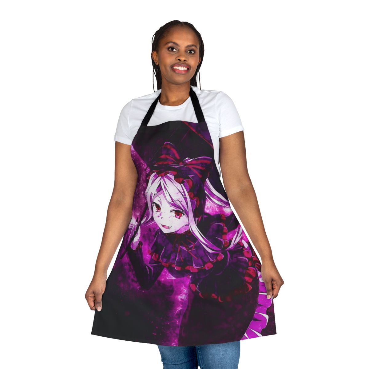 Anime-inspired apron featuring the character Shalltear Bloodfallen from the Overlord series.