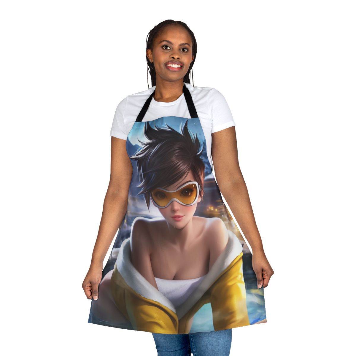 A sexy, anime-inspired apron featuring the popular Overwatch character Tracer in a hot spring setting.
