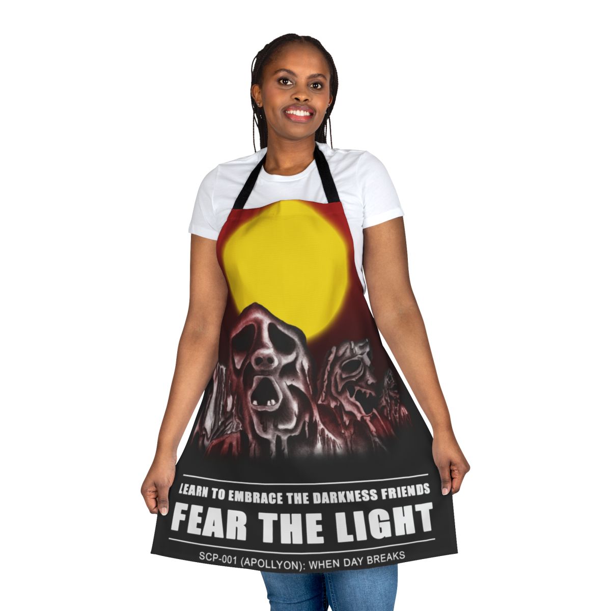 An apron with a dark, dystopian design inspired by the SCP 001 "When Day Breaks" scenario.