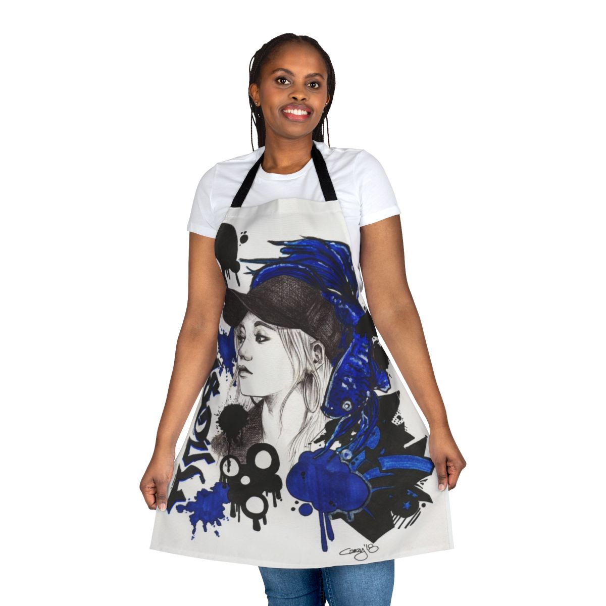 Vibrant blue betta fish design printed on a high-quality apron for cooking and home use.