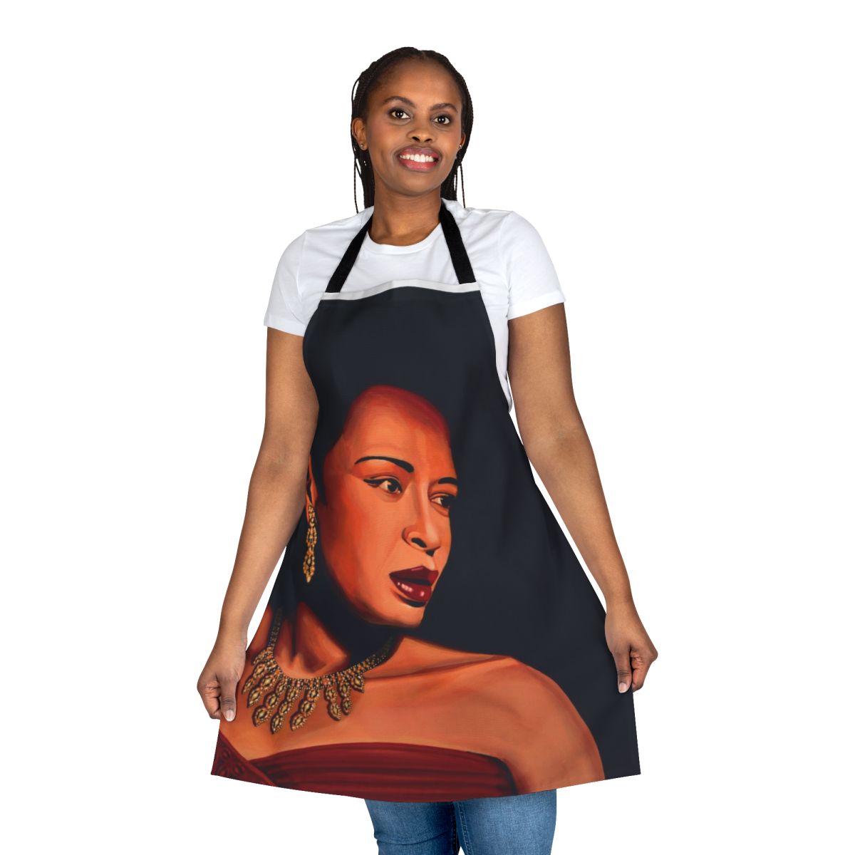 A stylish painting apron featuring the iconic image of jazz legend Billie Holiday, also known as "Lady Day".