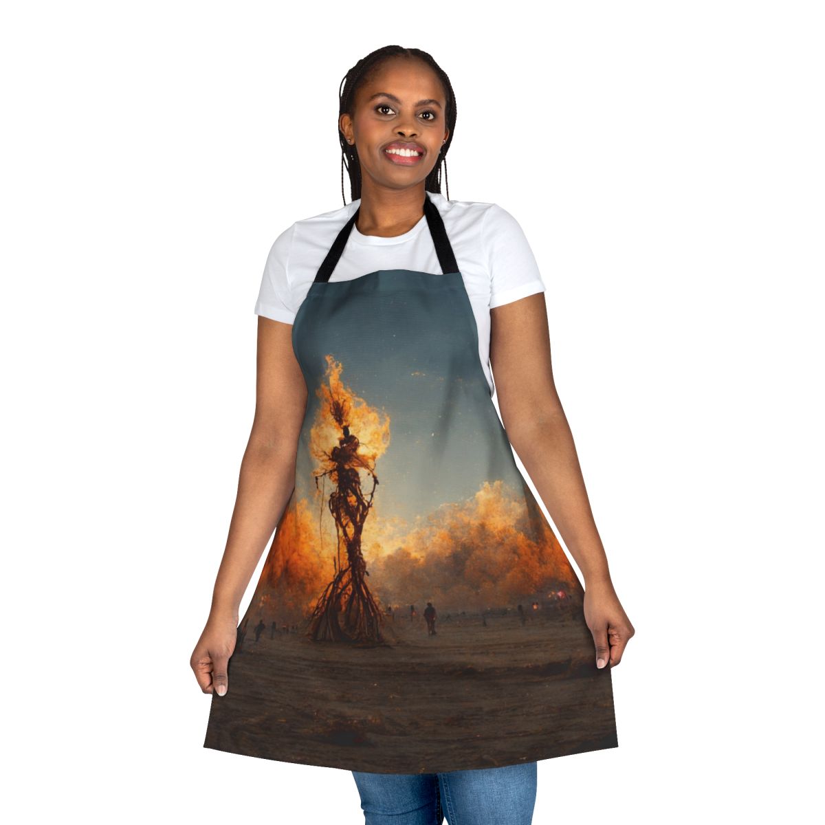 Handcrafted burner apron with flame and smoke design, perfect for Burning Man and other desert festivals