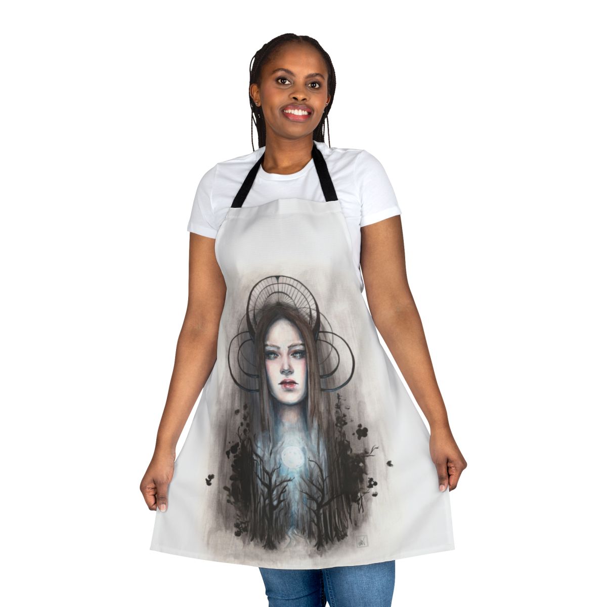 Artistic acrylic and ink painting of the Greek goddess Artemis on an apron