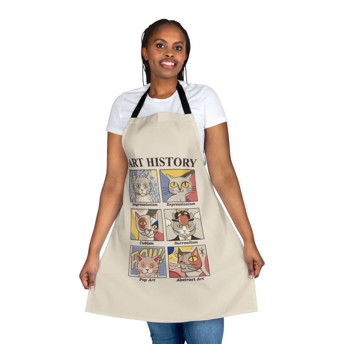 An apron featuring a stylized art history design, with elements of impressionism, expressionism, and abstract art.