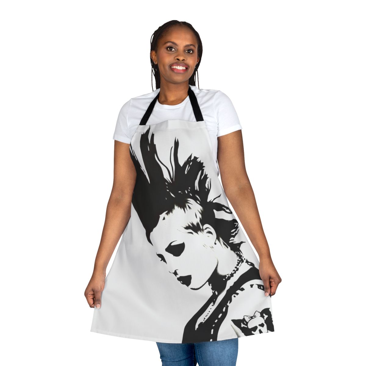 Brody Dalle inspired black and white apron design featuring a punk rock, metal, and grunge style portrait sketch.