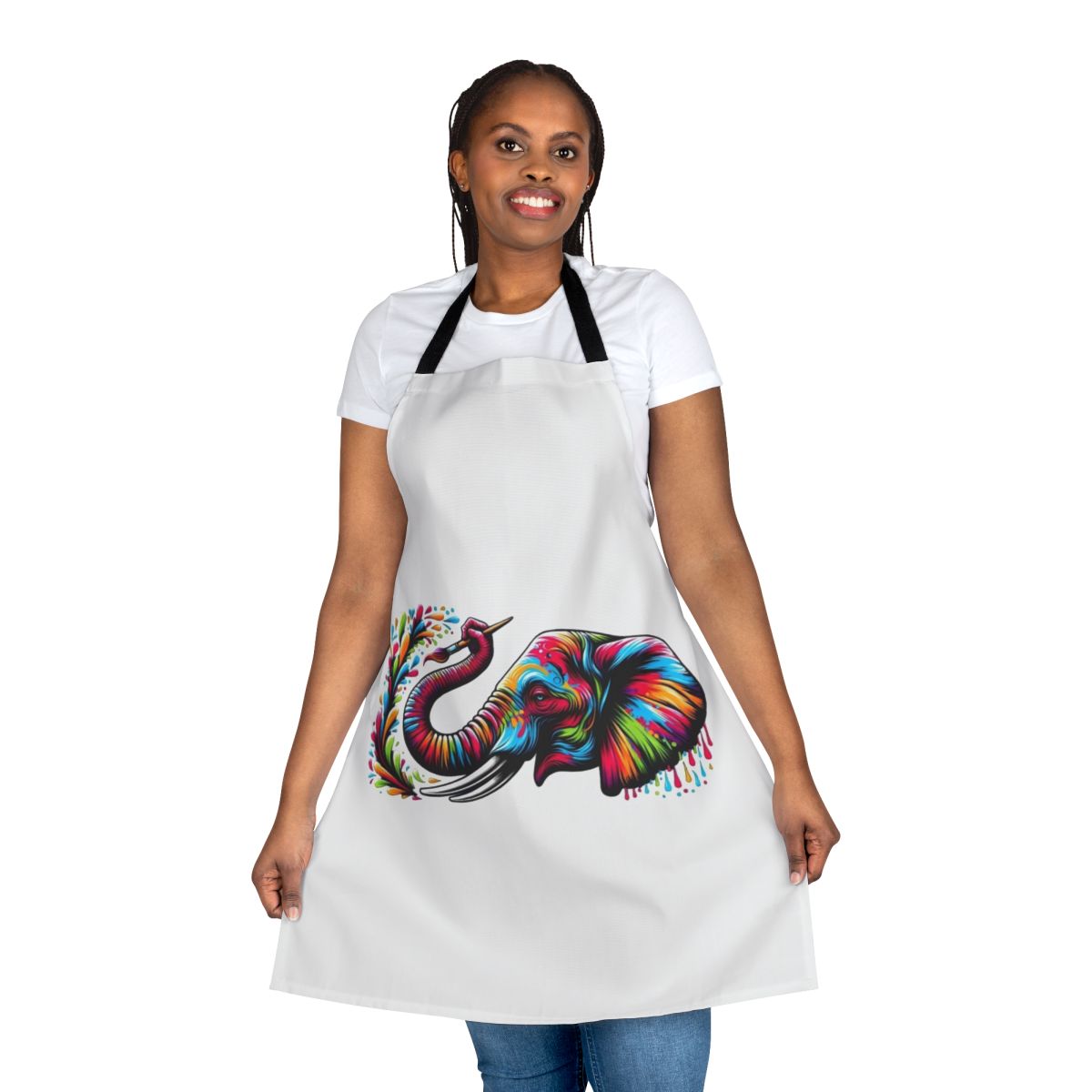 Colorful elephant painting design on an apron for artists, chefs, and nature lovers