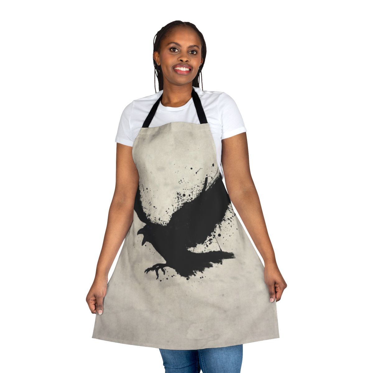 Raven apron with sketchy bird design, featuring splatters and drips