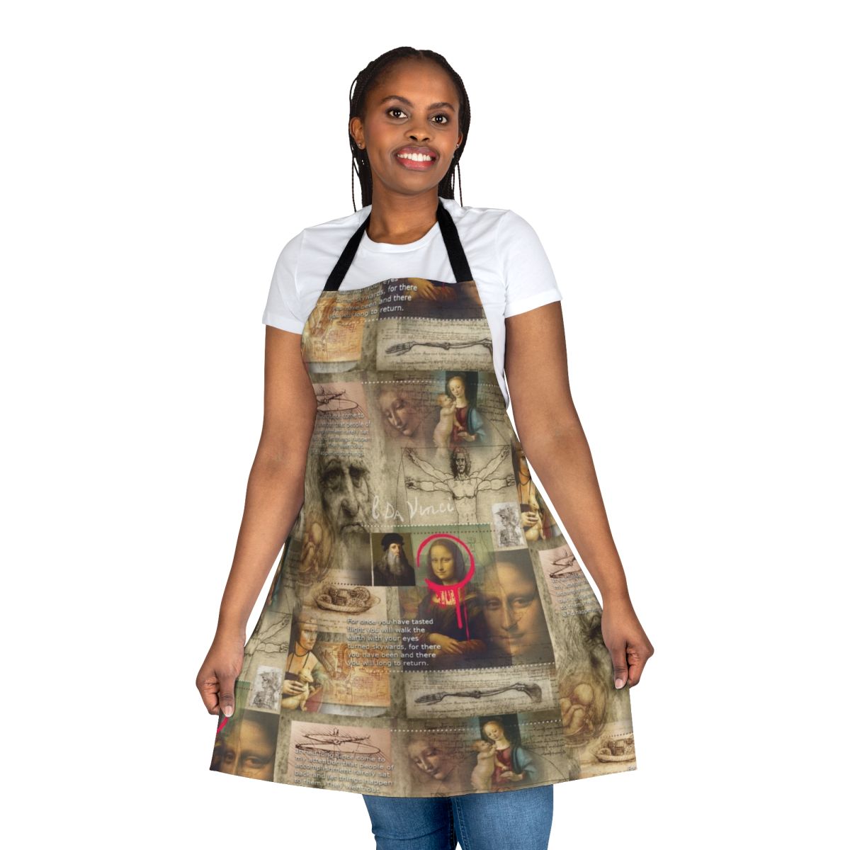 Apron featuring a design inspired by the iconic paintings of Leonardo da Vinci, the renowned Renaissance artist.
