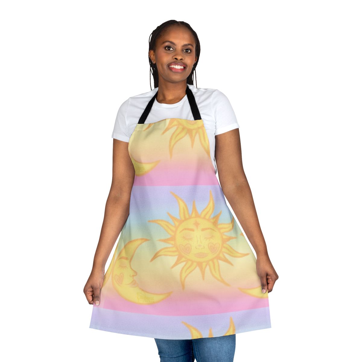 A vibrant, whimsical apron featuring a design of the sun and moon in a pastel, fairycore style.