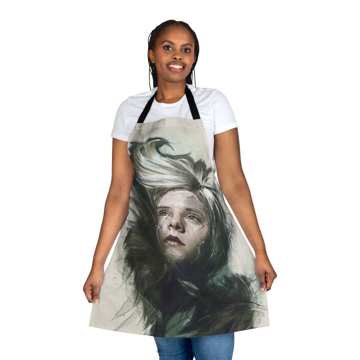 An apron featuring the image of singer Aurora Aksnes