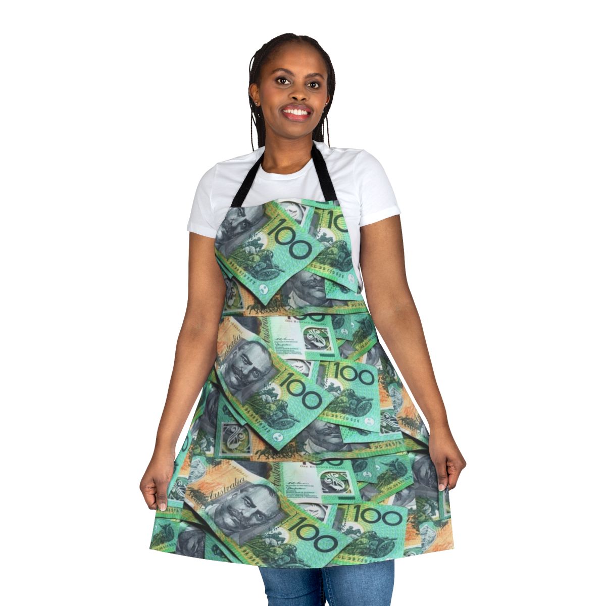 Australian-themed apron with 100 dollar note design