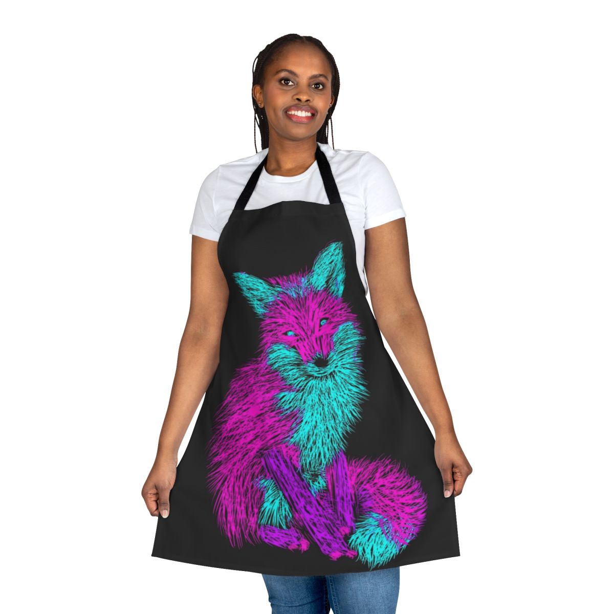 An apron featuring a design of a majestic red fox in an autumn setting.
