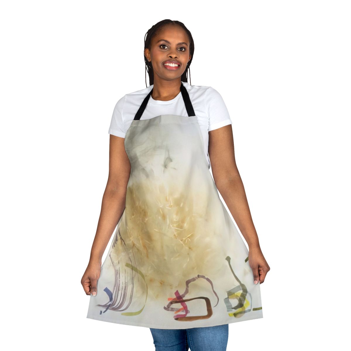 Avant-garde inspired apron featuring elements from John Cage's musical compositions and conceptual art.