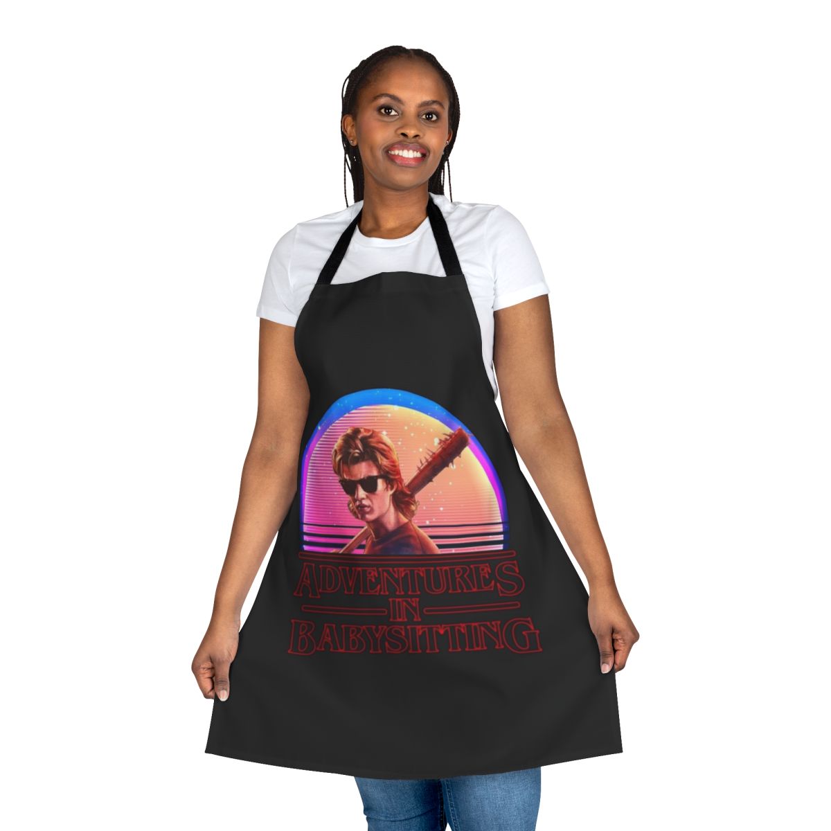 Babysitting humor apron with Stranger Things-inspired design