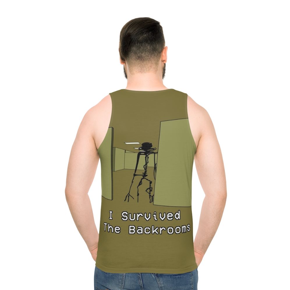 Backrooms inspired unisex tank top featuring creepy liminal space horror design