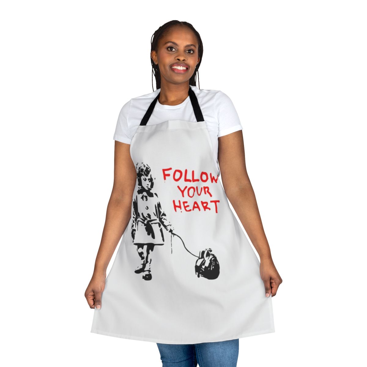 Banksy-inspired apron featuring the iconic 'Follow Your Heart' design