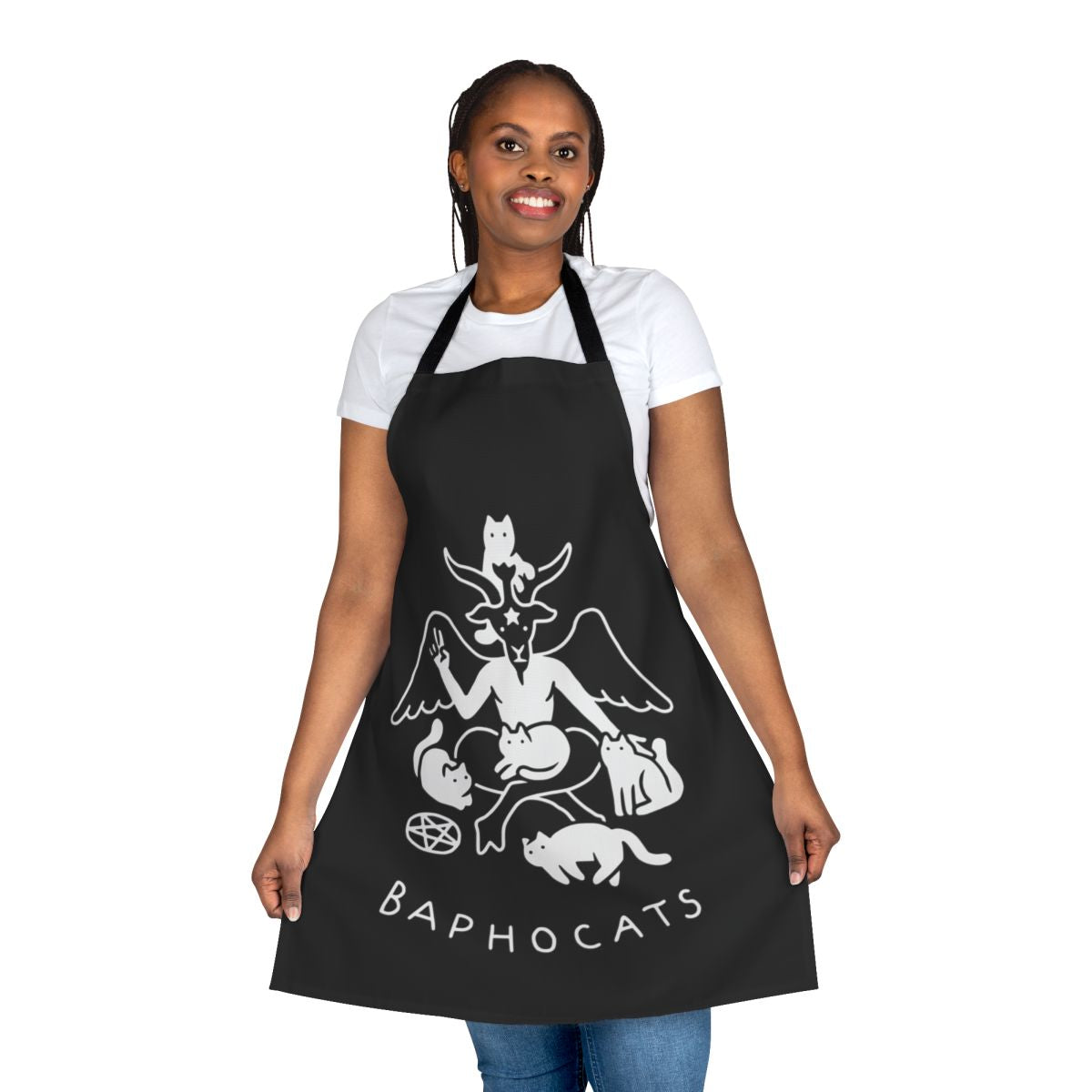 Model wearing a black apron with a Baphomet cat design, perfect for fans of dark fashion and metal music.