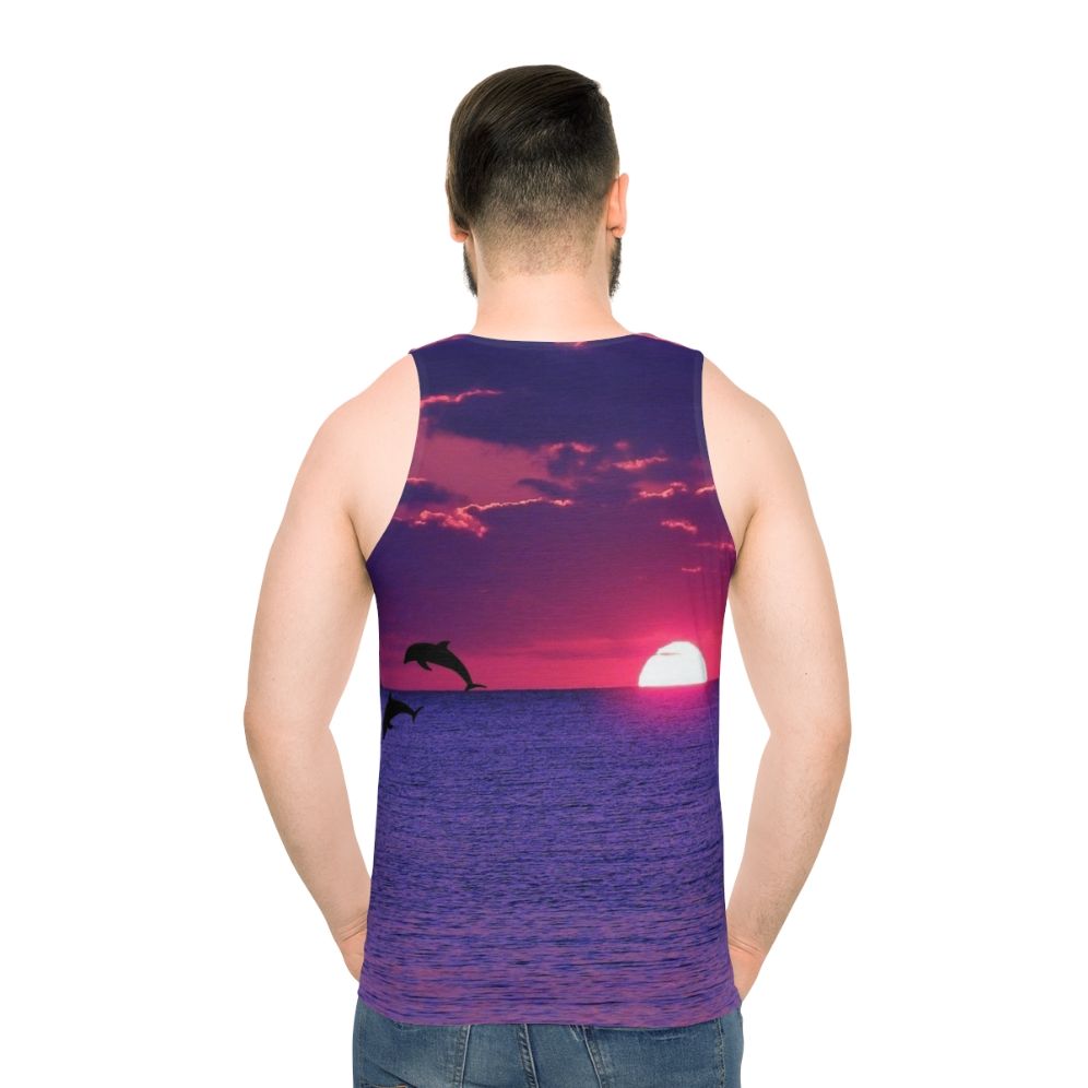 Unisex tank top featuring a breathtaking beach sunset in pink and purple sky