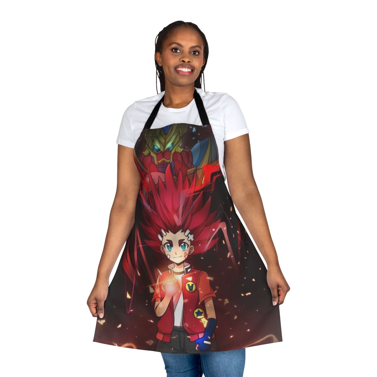 Beyblade Burst Turbo-inspired apron featuring Aiger Akabane and other characters