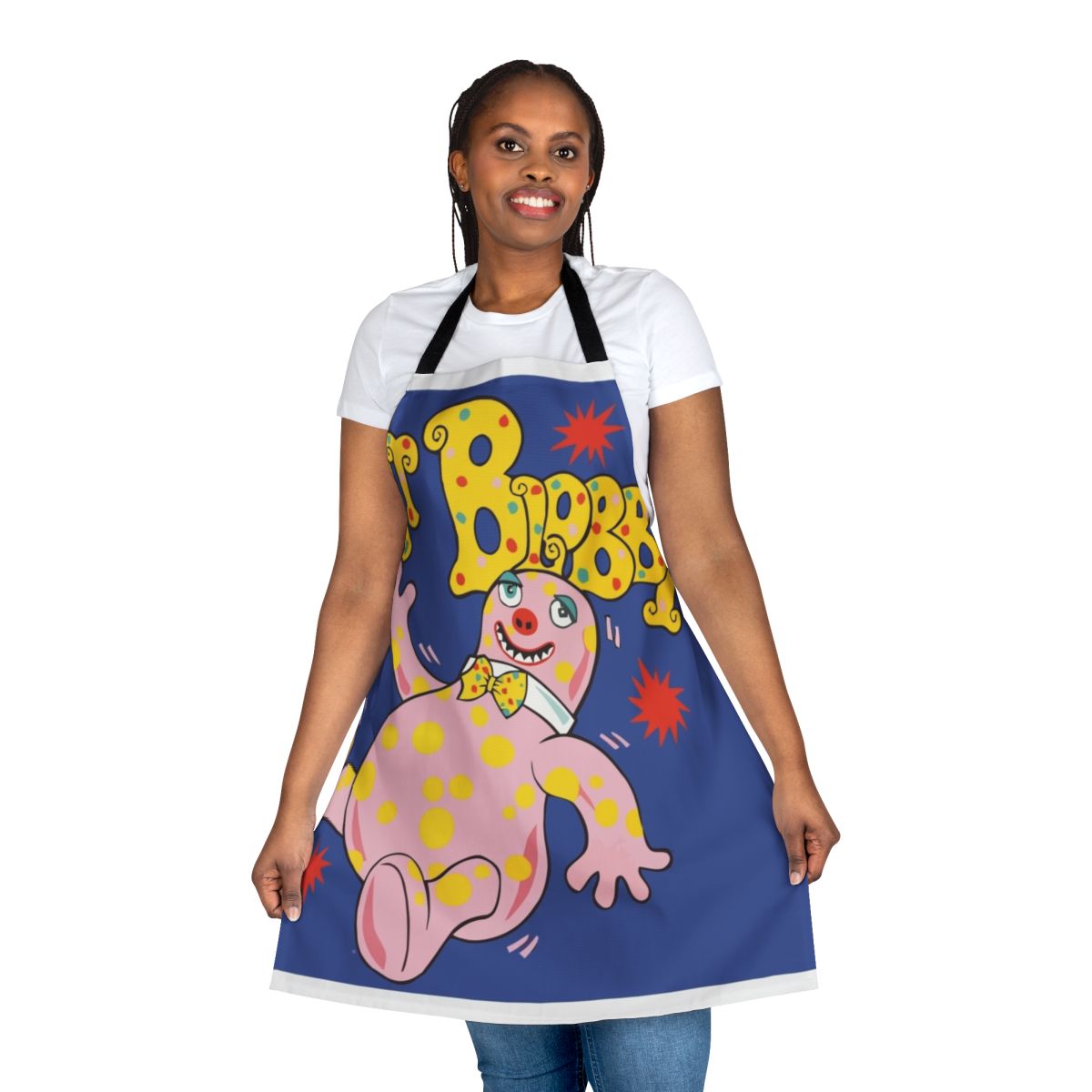 A colorful blobby-inspired novelty apron