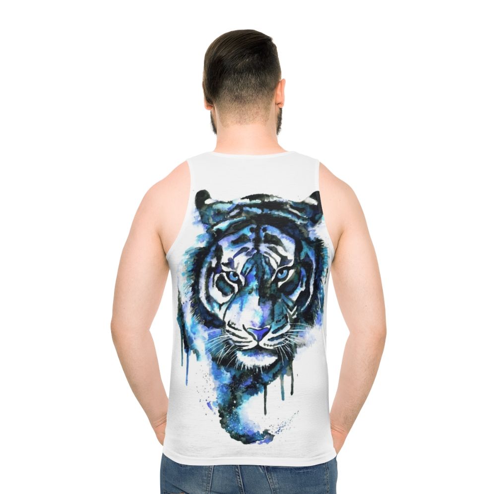 Blue tiger graphic on a unisex tank top
