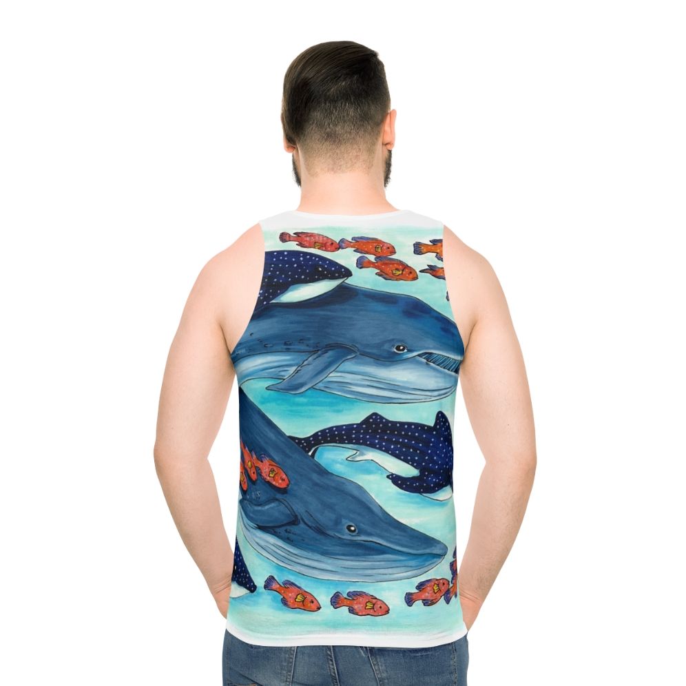 Blue whale, whale shark, and other sea life depicted on a unisex tank top