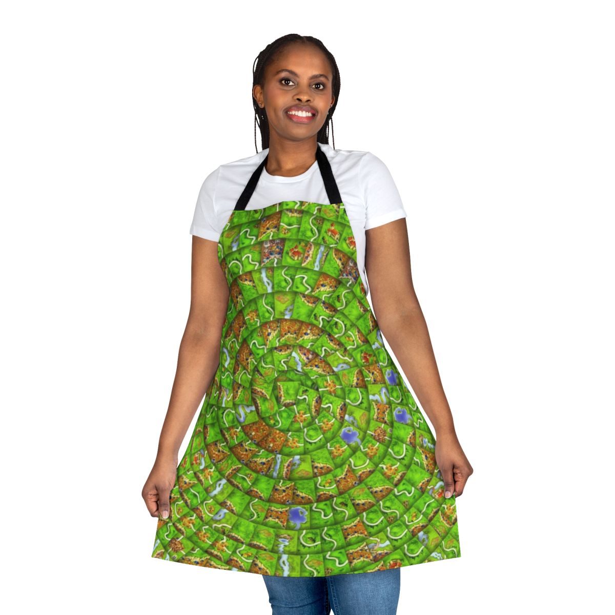 Carcassonne-inspired swirl pattern apron with board game elements