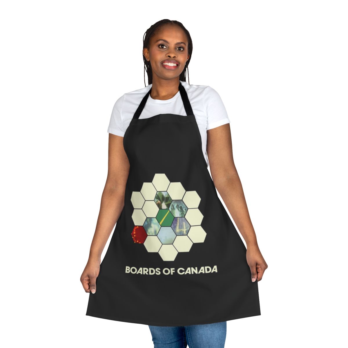 Boards of Canada inspired kitchen apron with ambient electronic music graphics