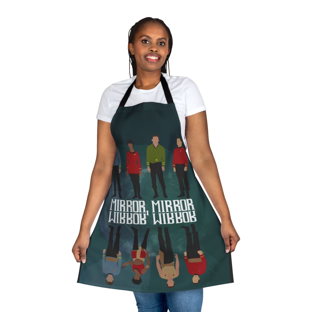 A black and white apron with the text "Mirror Mirror" and imagery inspired by the Star Trek Mirror Universe.