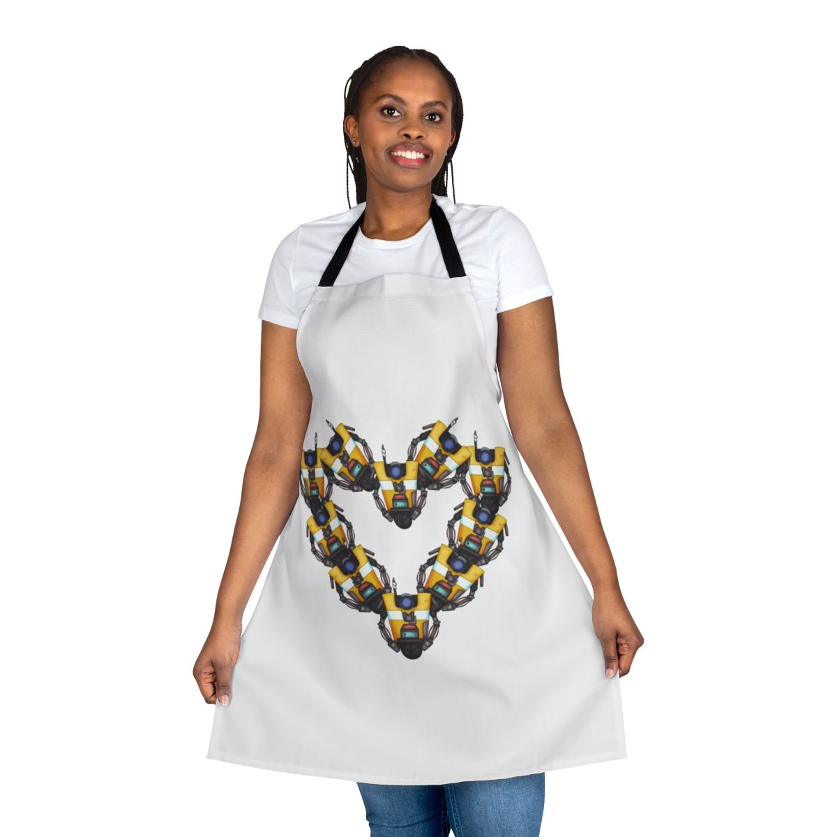 Borderlands-inspired apron featuring the iconic Claptrap robot and a heart design
