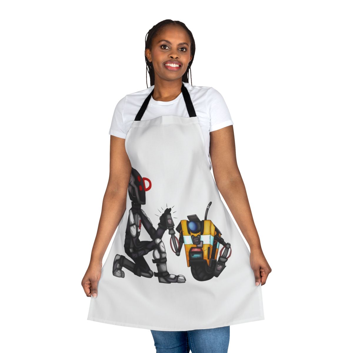 Borderlands-inspired apron featuring characters like Zer0 and Claptrap