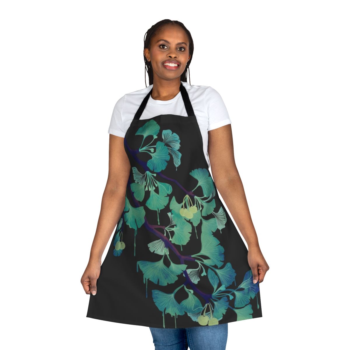 Ginkgo leaf pattern apron in black and green watercolor design