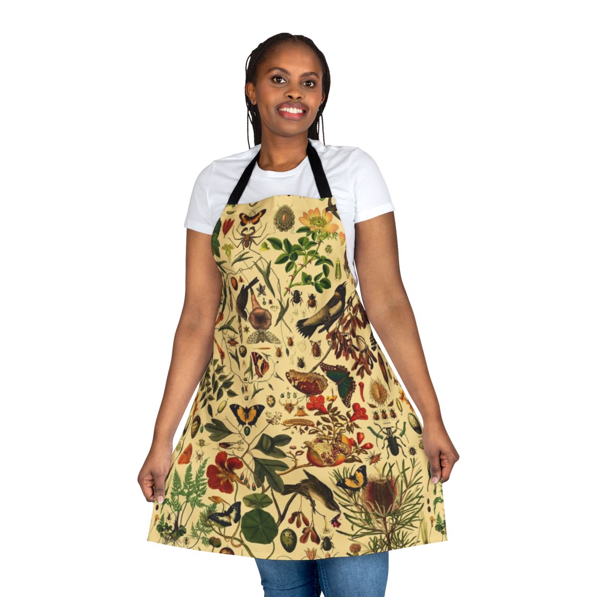 Apron featuring a beautiful botanical pattern with flowers, plants, and insects