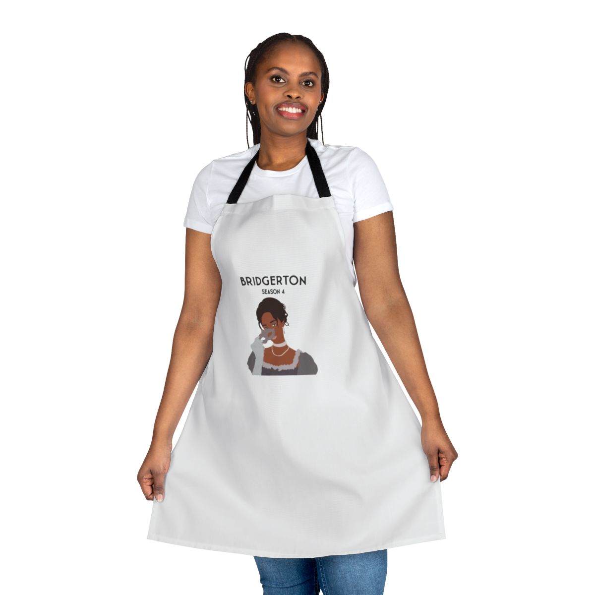 Bridgerton-inspired apron featuring characters Sophie Beckett and Benedict Bridgerton