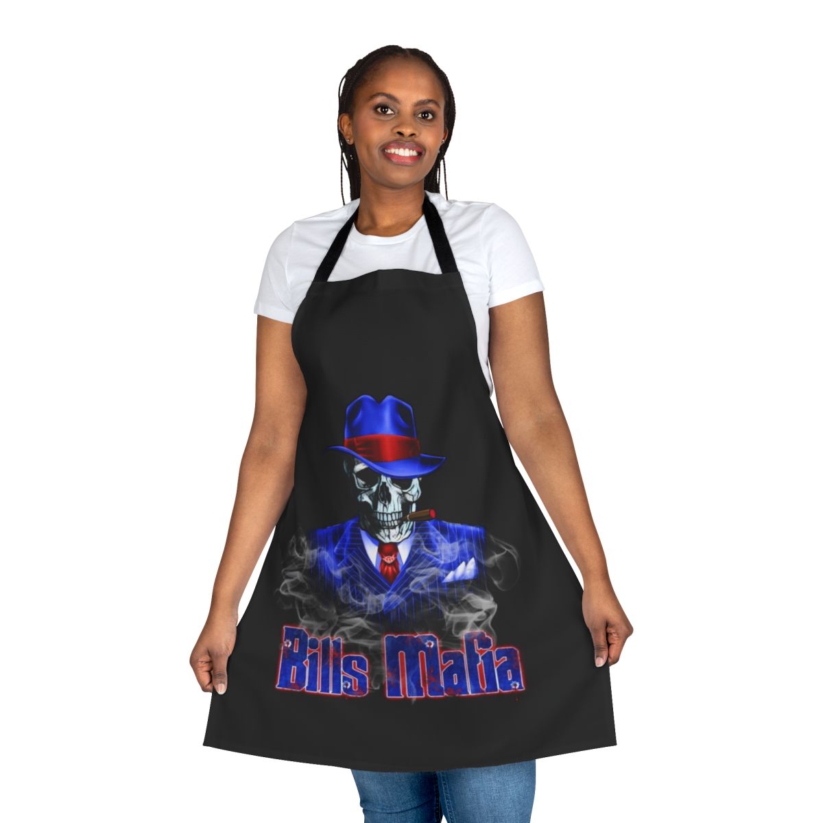 Buffalo Bills-inspired apron featuring a skeleton gangster design