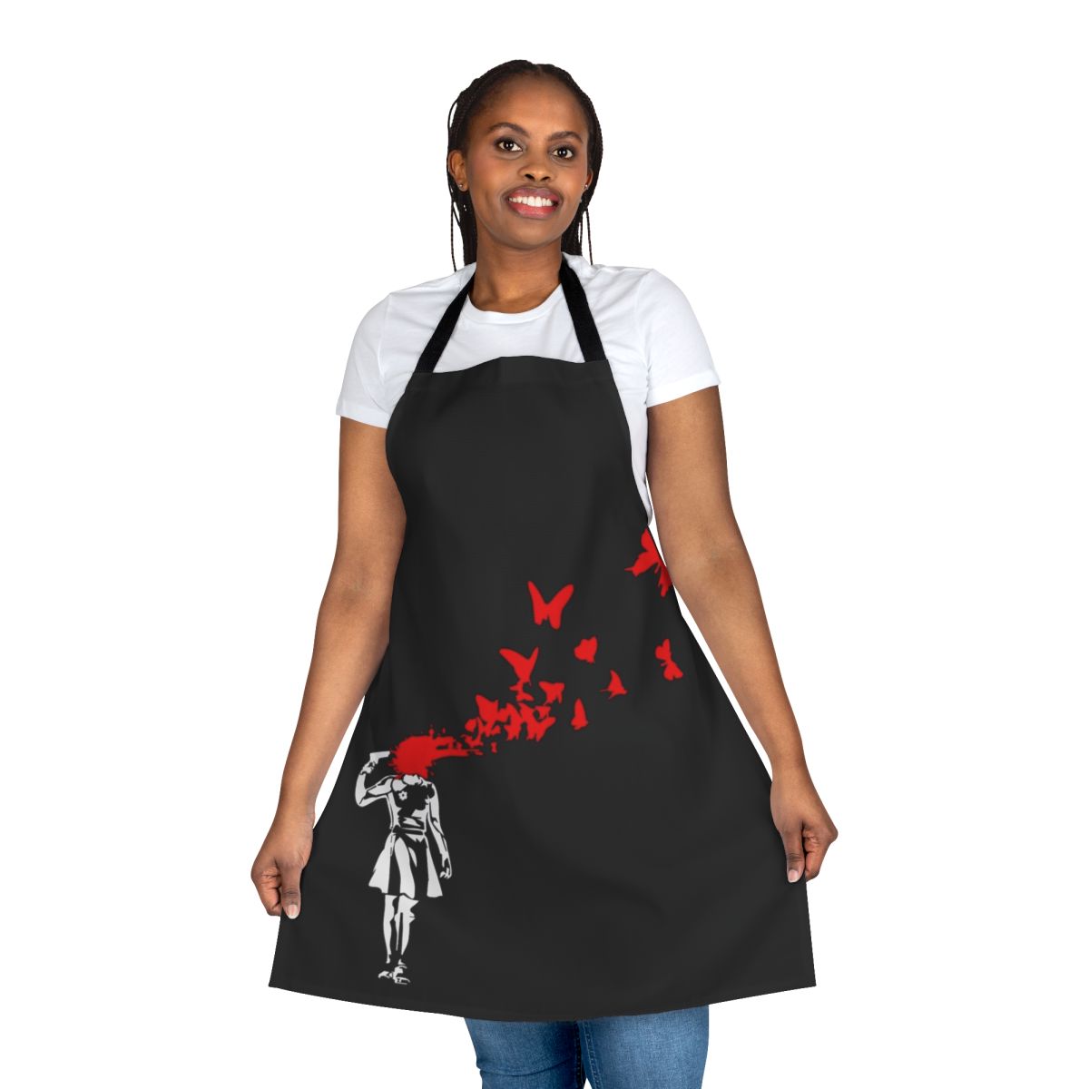 Banksy-inspired apron featuring a butterfly stencil design