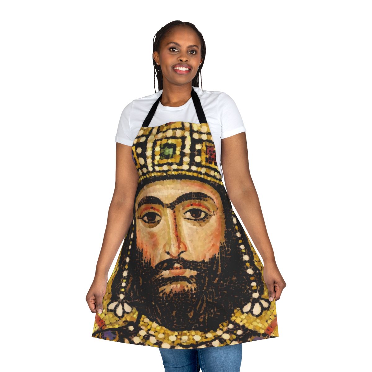 "Byzantium-inspired apron featuring Alexios I Komnenos, Byzantine emperor"