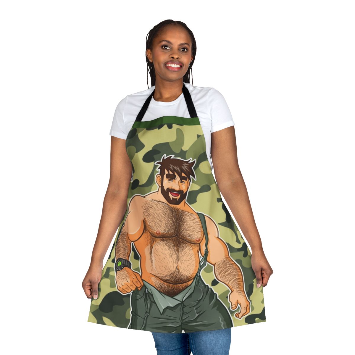 Camouflage-patterned apron with a bear pride design, perfect for the gay bear community.