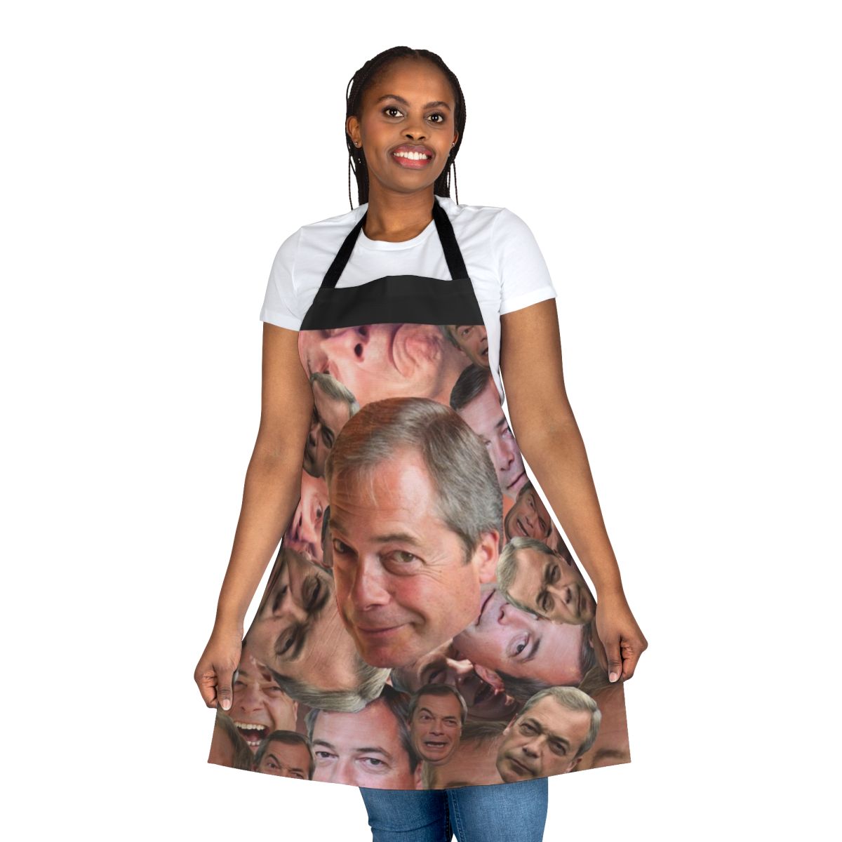 Apron with the slogan "Can't Barrage the Farage" featuring Nigel Farage's face