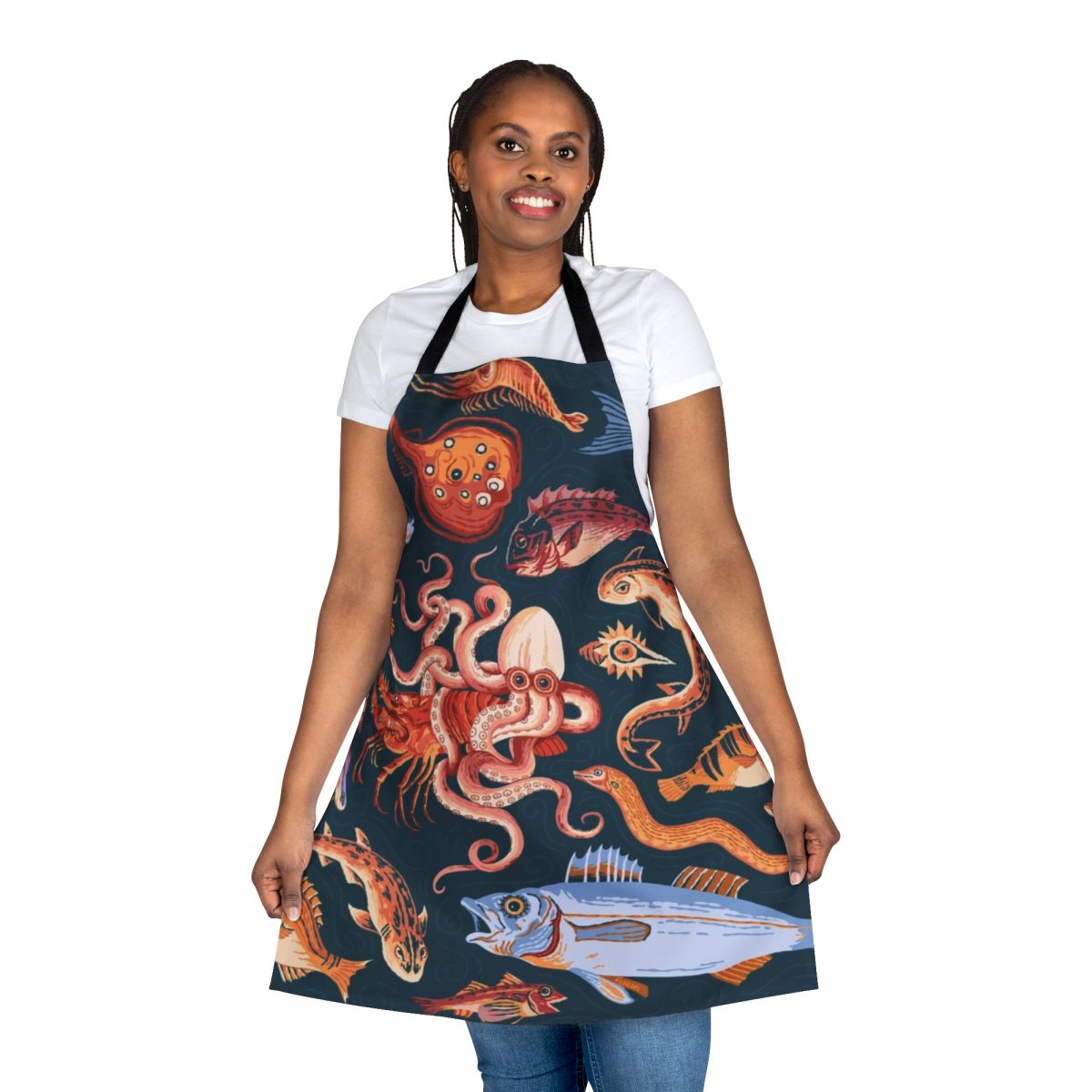 Pompeii-inspired mosaic apron featuring marine life design