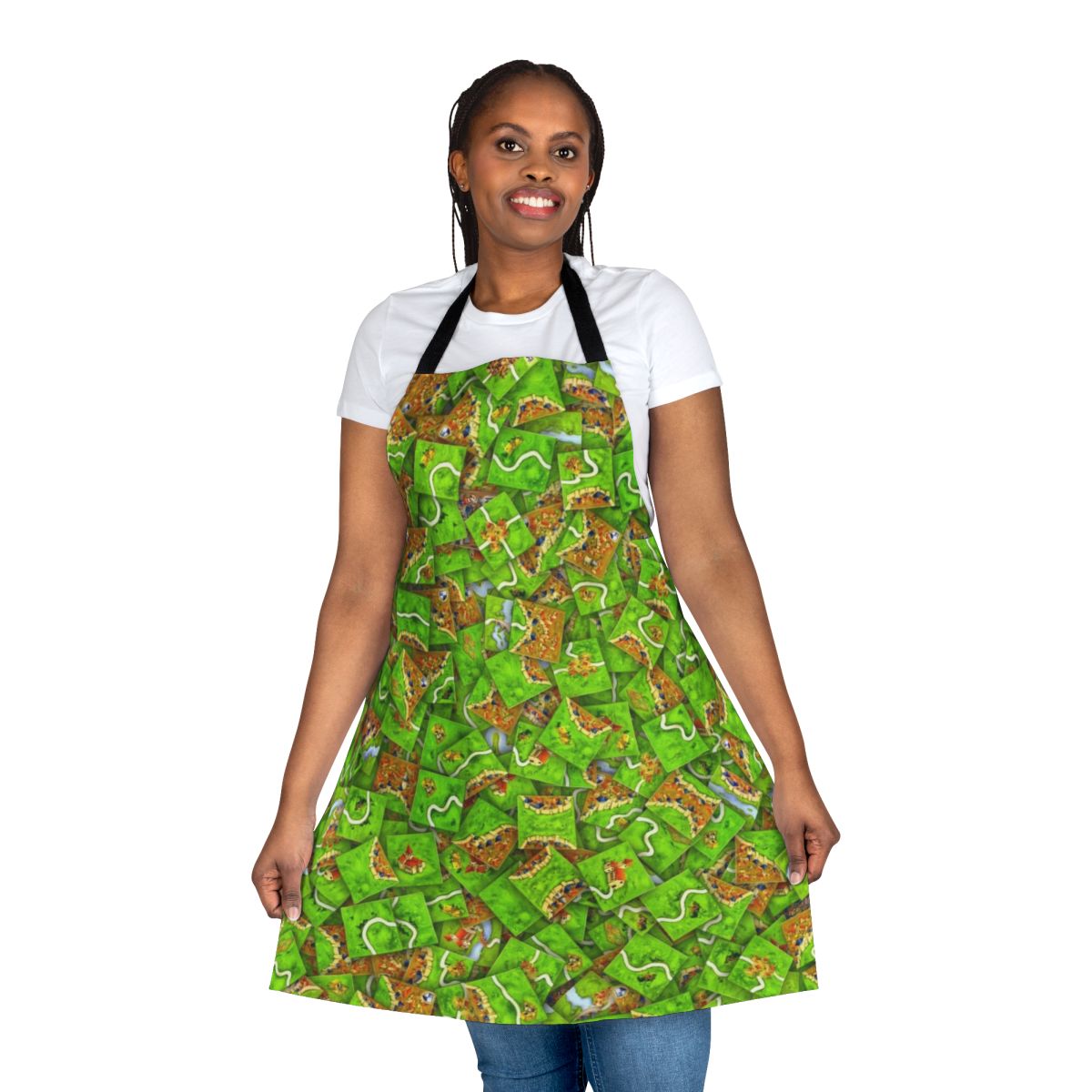 Carcassonne-themed apron featuring repeating tile and meeple patterns