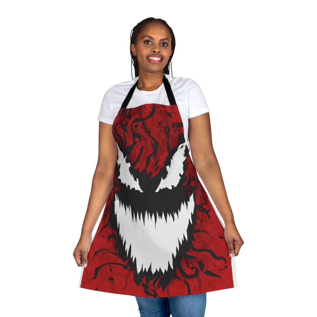 Carnage-themed apron with spider web and symbiote design