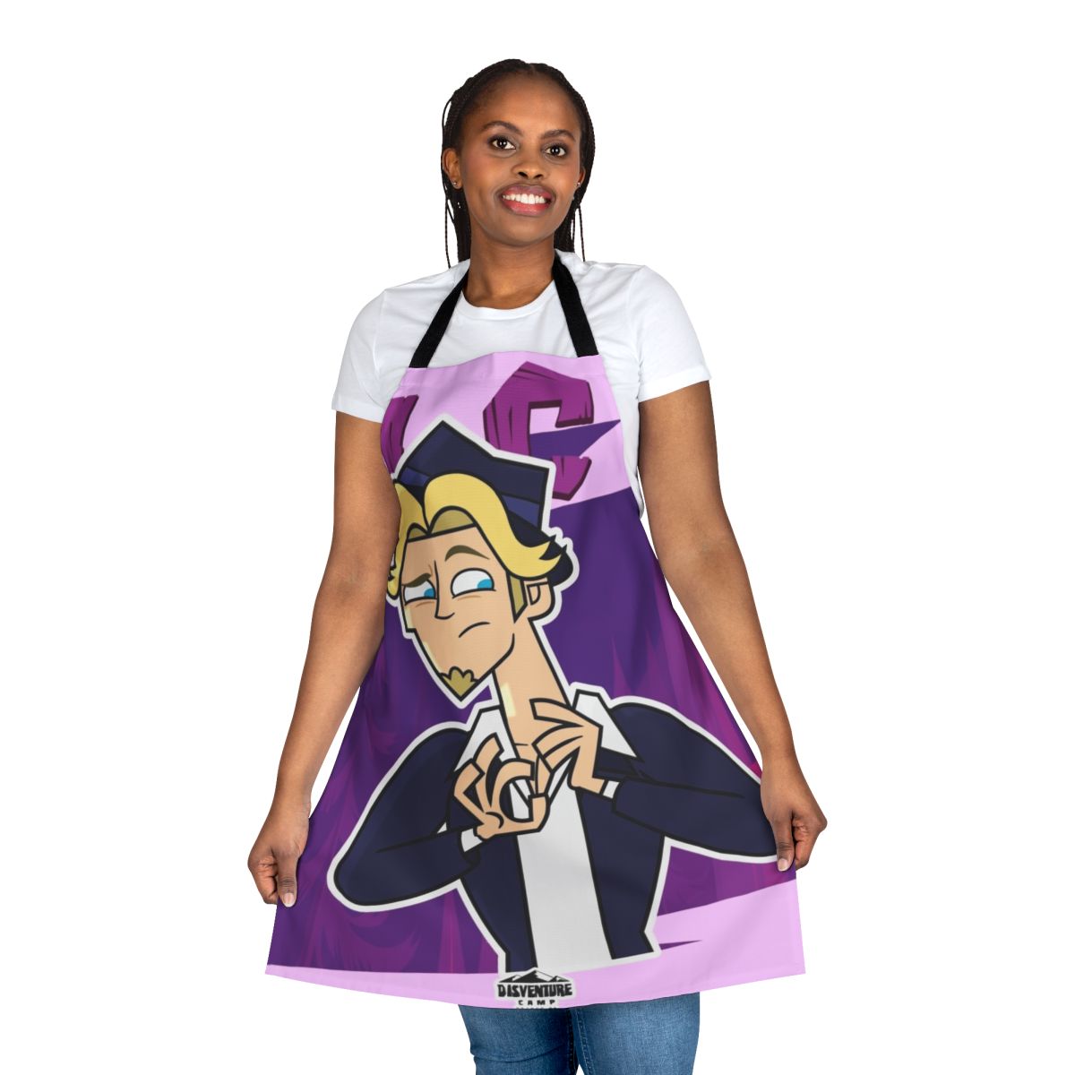 Colorful adventure camp-themed cooking apron featuring cartoon characters