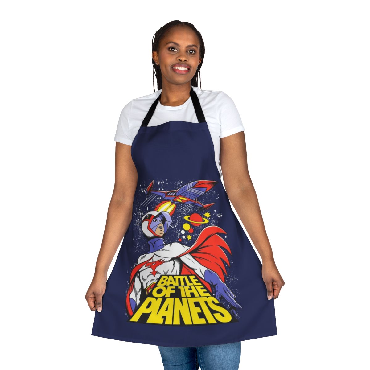 Bright and colorful cartoon battle of the planets design printed on an apron