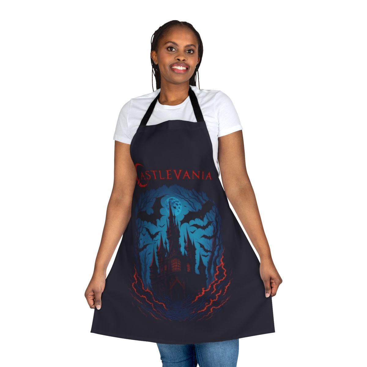 Castlevania-inspired blue mist apron with Belmont family crest and vampire hunter design