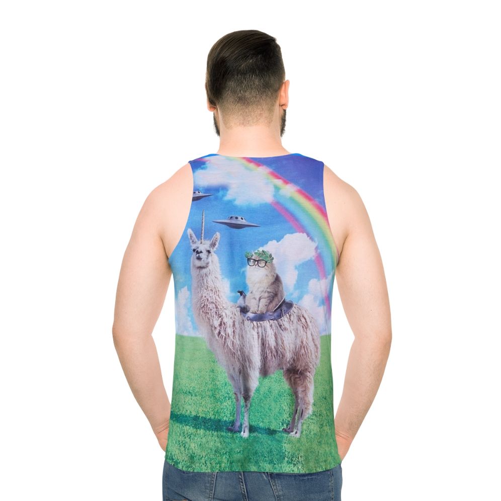 Cat riding llama unicorn with rainbow and UFO graphic tee
