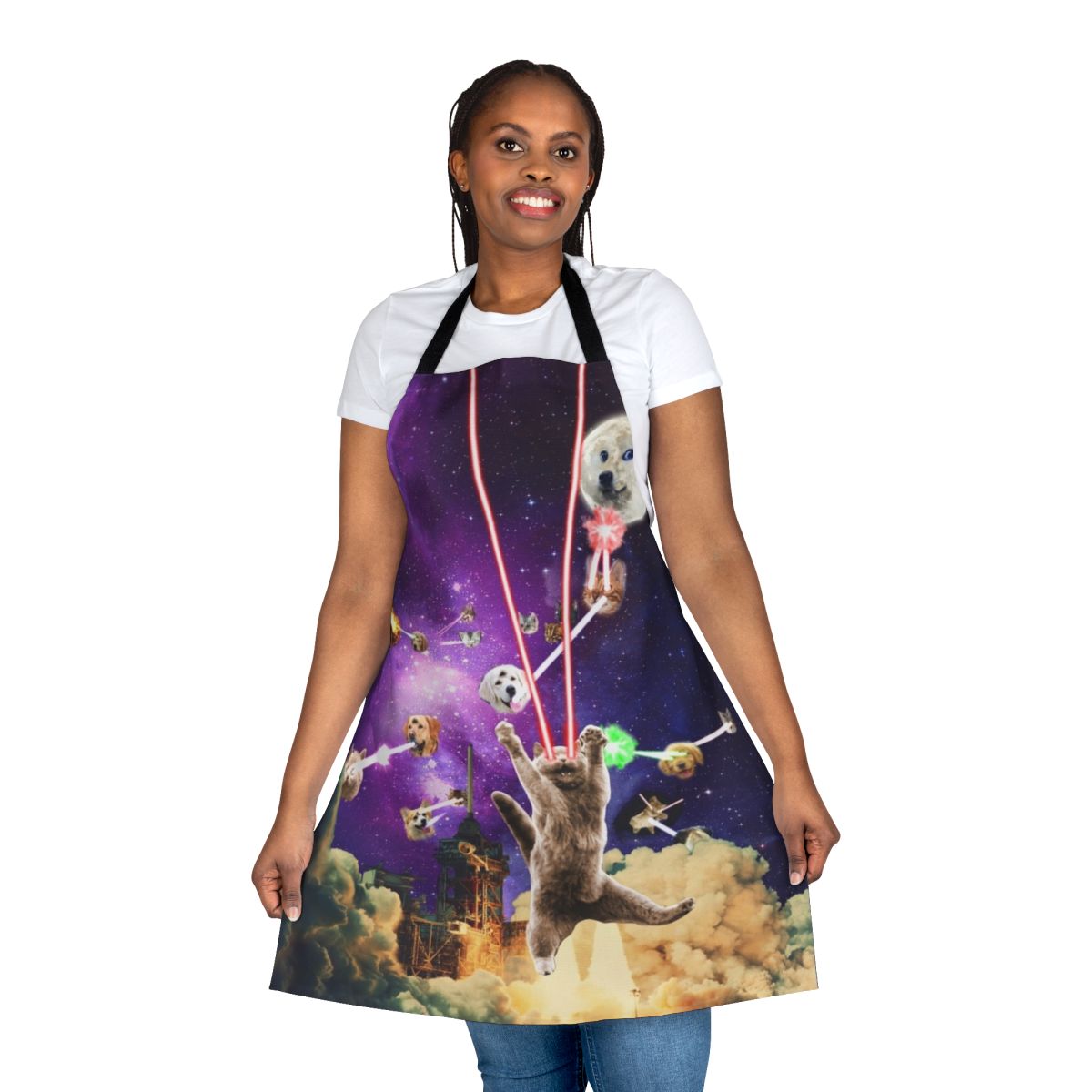 Cats with laser eyes printed on a durable apron, featuring a space and planets design.
